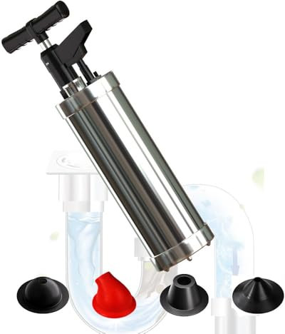 Qcesorib Pompa Sturalavandino ad Aria Compressa con Barometro, Pompa Stura Scarichi a Pressione con 4 Testine Sostituibili, Sturalavandini a Pressione, per Sgorgare Tubature Ostruite, Rosso