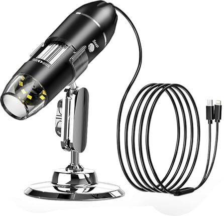 Andoer Digitales USB-Mikroskop, Hand-Inspektionskamera, 50- bis 1600-fache Vergrößerung, mit verstellbarem Ständer, LED-Fülllichter, tragbare Mikroskope, kompatibel mit iOS- und Android-Smartphones