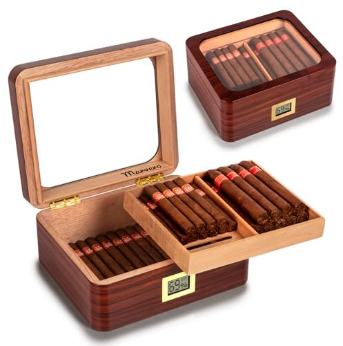 Cigar Humidors, Cedar Wood Humidor with Digital Hygrometer, Drawers, Humidifiers and Gold-Plated Hardwares. Cigar humidor Cabinet for Men Husband Father, 50 Cigars Capacity