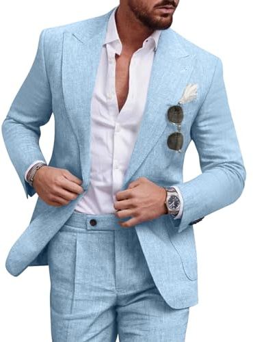 Diaryan Linen Suit Men Casual Tuxedo Regular Fit 2 Piece Blazer One Button Blue Wedding Business Solid Jacket and Pants M
