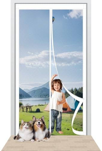 Moustiquaire Porte Magnetique 126 x 198 cm Maille Ultra Fine Porte Moustiquaire Aimantee Sans Perçage Installation Facile pour La Plupart Les Types de Fenêtres Ou Porte, Blanc