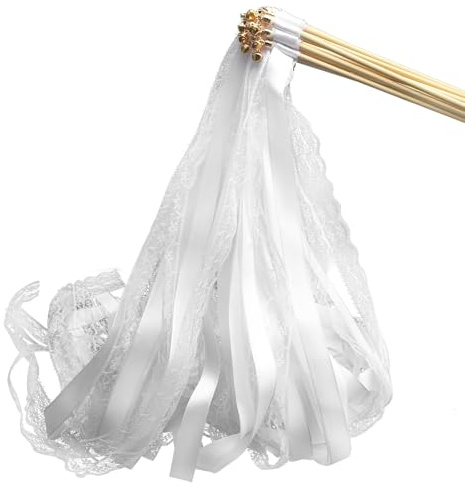 UOCAI 20 Stück Wedding Wands, Weiß Spitze ZauberstäBe Hochzeit mit Glocke | Spalier Luftschlangen mit Hochzeitsbändern, für Hochzeiten Geburtstage, Weihnachten Partys, Feiertagsfeiern, Verwende