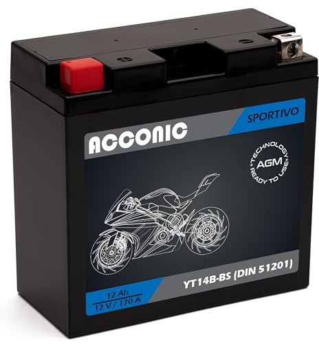 ACCONIC Sportivo AGM YT14B-BS YT14B-4 Motorradbatterie 12Ah 12V 170A DIN 51201 Maße: 150 x 70 x 145 mm ideal für Roller, Moped, Quad & Motorrad – wartungsfrei, & auslaufsicher