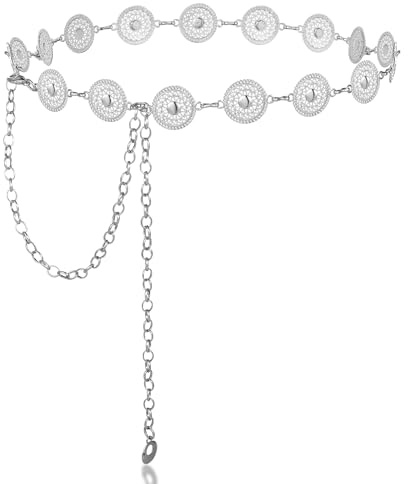 Andibro Cinturón occidental para mujer, cadena de metal concho, vaquera occidental, estilo bohemio, cadena de cintura con sol y luna (plateado)
