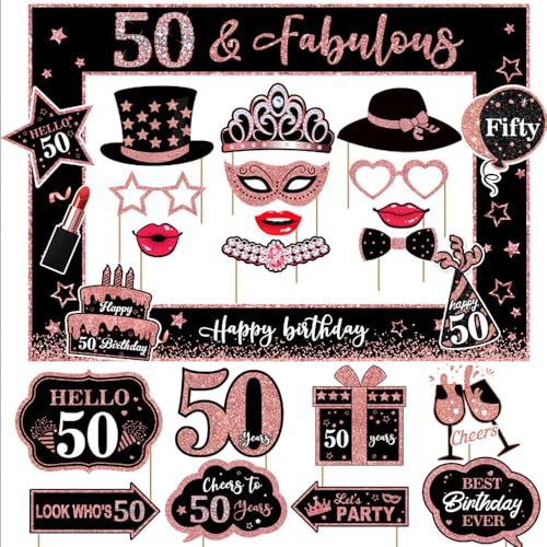 50. Geburtstag Deko Frau – 25 Stück Fotobox Requisiten Set Schwarz Roségold Photo Booth Props Happy Fifty Geburtstag Party Selfie Deko für Sie (Roségold - 50.)