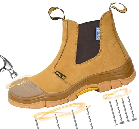 BOIWANMA Work boots for men, Steel Toe, Puncture-resistant, Pull on Chelsea Leather Safety Boots, US Size 9.5M
