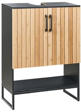 Beliani Waschbeckenunterschrank Bambusholz Hellbraun/schwarz mit Türen Regal Miscanti
