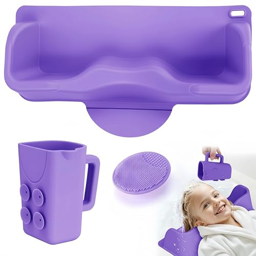 Portable Silicone Hair Washing Station for Kids,Children,Toddlers,Teens and Elderly，Features a Neck Support Design，Attached Face Scrubber and Baby Bath Rinse Cup（Purple）