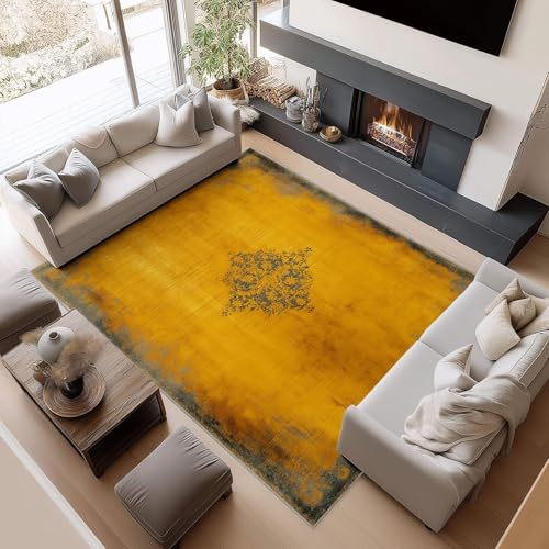 UUZEAI Gelber Vintage-Teppich im Used-Look, 180 x 300 cm, waschbar, luxuriöser, floraler Orientteppich mit Rutschfester Oberfläche für Wohn- und Schlafzimmer, ultradünn