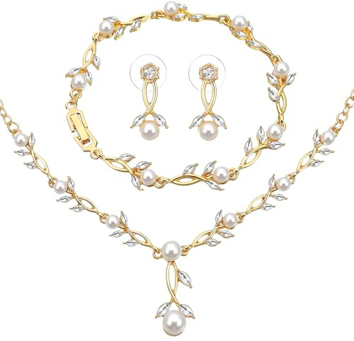 Sorcristy Gold Jewellery Set for Women, 3 Piece Wedding Pearl Necklace Earrings Bracelet Set, Elegant Rhinestone Crystal Pendant Dangle Earrings Bridal Party Prom Gift for Wedding Birthday