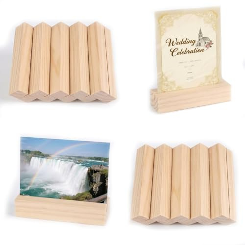 QLK 10 PCS Wood Card Holders, Place Card Holder, Wooden Table Number Stands Picture Holder Photo Holders, Menu Holders,Square Wooden Stands for Indoor and Outdoor Weddings Party Cards Events