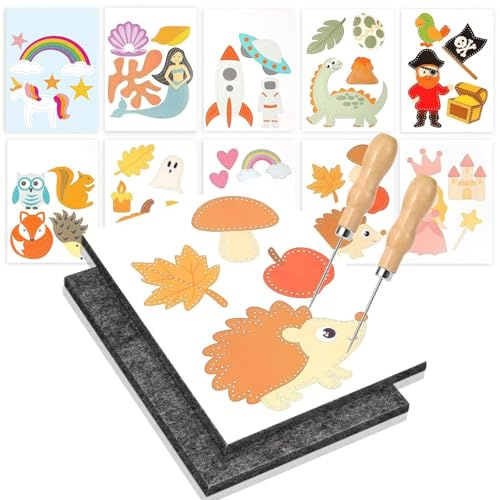 Tangdira Pricking Set for Kids – 10 Templates, Wooden Handle Pricking Needles & Felt Pad