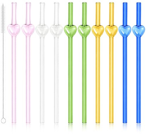 10 Cannucce in Vetro a Forma di Cuore Riutilizzabili, Cannucce Cocktail, Cannucce Riutilizzabili, Cannucce Colorate con Spazzola per Pulizia, 20cm, Ideali per Cocktail, Succhi e Frullati