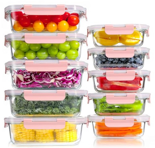 YASHE Glass Containers with Lids, 10 Pack Thick & Durable Food Containers - Stackable Airtight Glass Meal Prep Containers, BPA-Free Food Storage for Microwave, Oven, Freezer and Dishwasher, Pink