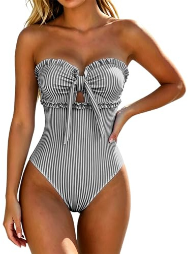 Maillot De Bain Femme 1 Pieces Rayures Bandeau sans Bretelles Gainant. Idéal pour Un Look Rétro Et Une Silhouette Affinée. Maillot De Bain Femme 1 Piece Rayures Bandeau