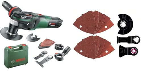 Bosch PMF 350 CES Utensile Multifunzione, 350 Watt, per Accessori Starlock e Starlockplus, in Valigetta, Nero/Verde + Set universale per legno e metallo, PVC, 13 pezzi