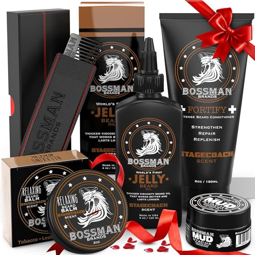 Bossman Complete Beard Kit – Men's Beard Oil Jelly, Fortifying Shower Conditioner, Balm, Mustache Wax & Comb – Beard Softener & Grooming Care – Men Gift Set (Stagecoach Scented)