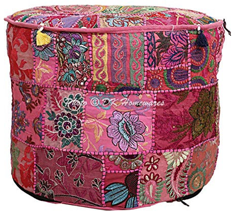 DK Homewares Indian Pouf Ottoman Cover Vintage Patchwork Pink Round Foot Rest Living Room Cotton Embroidered Pouffe Floor Cushion Floral Traditional 18x18x13
