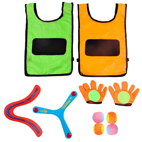 deAO 2er-Pack Selbstklebende Handschuhe, Zielweste und Wurfbälle mit Zwei Bumerang-Fliegeringen - Innen- und Außen -Spiel für Kinder und Erwachsene