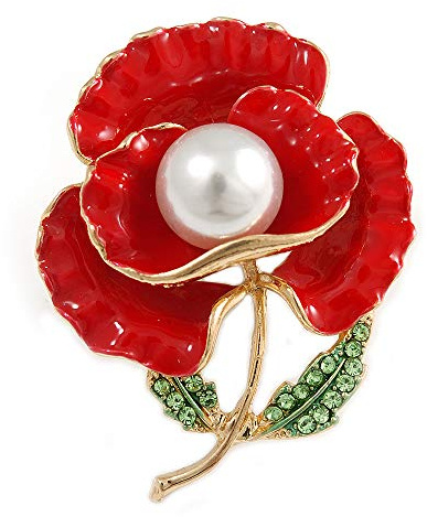Avalaya Broche en émail Rouge Vif, Fausses Perles, Cristal Vert Coquelicot en Ton Or – 45 mm de Long