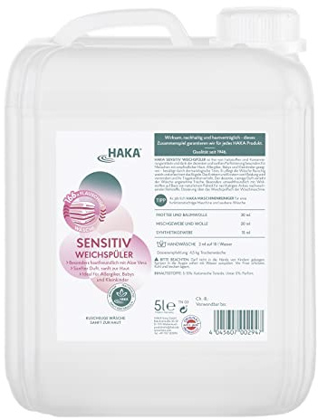HAKA Sensitiv Weichspüler Nachfüller, 5L (166 Waschladungen), extra flauschige Wäsche, ideal für Allergiker, Babys & empfindliche Haut, vegan
