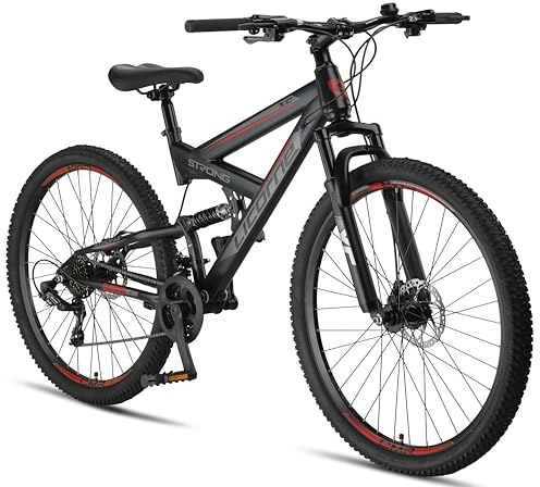 Licorne Bike Strong 2D Premium Mountain Bike Bicicletta per ragazzi, ragazze, donne e uomini – Freno a disco anteriore e posteriore – 21 marce – Sospensione completa (nero/rosso, 27,5)