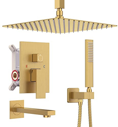 Iriber Ceiling Brushed Gold Rain Shower System with Waterfall Tub Spout 3 Function Shower Faucet Set Contain 12 Inch Shower Head and Handheld Shower Trim Kit (Valve Cartridge Included)