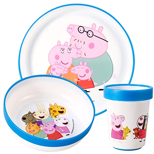 Peppa Pig 3pcs Reusable Bicolor Kids Dinner Tableware Set - 100% BPA-Free | Premium Plastic Dinnerware Sets Includes Toddler Cups, Plates and Bowls, 100% Safe, BPA Free & Certified Food Safe (US/EU)