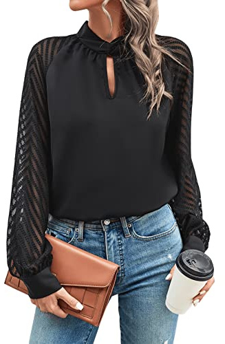 GORGLITTER Damblusar, elegant nät raglanärmar, topp, skjortblus, långärmad tröja med Chevron-mesh, svart, M