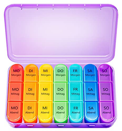 Pillenbox 7 Tage 3 Fächer, Tablettenbox 7 Tage Morgens Mittags Abends, Deutsch Pillendose 7 Tage für Eine Woche Pillendose, 21 Fächer Medikamentenbox (Lila)