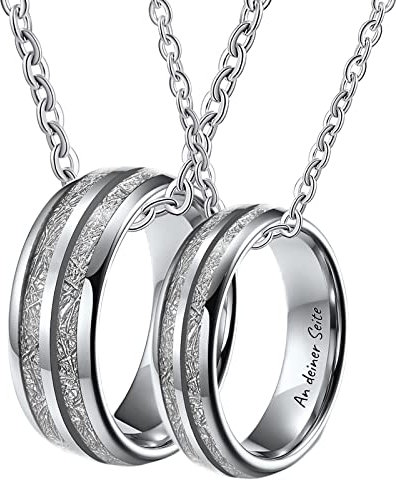 KnSam Wolfram Partnerketten für Paare Gravur EIN Leben lang an deiner Seite, Preis für 2 Anhänger Ring 6/8MM Kohlefaser Pärchen Kette Gravur Silber, Gr.54 & Gr.62, Länge 60cm/ 50cm