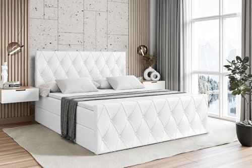 ALTDECOR Boxbett mit H3-Matratze Fußteil Amay - 160x200 - Weiß | Lattenrost, Topper, Boxspringbett mit Bettkasten, Bett mit Stauraum, Doppelbett, Polsterbett