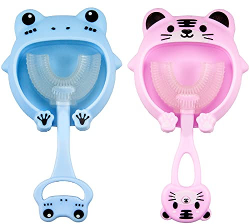 2 Brosses à Dents U-Shaped pour Enfants 2-6 Ans - Nettoyage 360° Doux, Tête de Brosse à Dent en Silicone, Massage Gencives - Bleu + Rose (Design Détachable & Mignon)