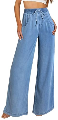 Sidefeel Women's High Waisted Wide Leg Jeans 2024 Summer Drawstring Denim Pants Light Blue Size 8