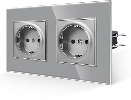 JIMEIDA Enchufe Doble Vidrio Gris 2 Compartimentos,16 Amp Enchufe de Vidrio Templado Toma Estándar Contacto de Tierra Enchufe de Pared 157 * 86mm 250V