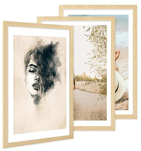 PHOTOLINI Marco 40x60 cm madera MDF pino, set de 3 marcos anchos, moderno, cristal acrílico sólido, para colgar, accesorios adicionales - para una decoración elegante de su pared