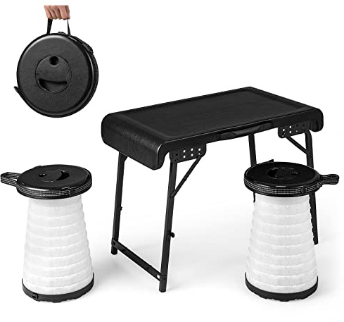 GYMAX Conjunto de Camping Plegable y 2 Taburetes LED Extensibles, Juego de Mesa y Silla de Camping Portátil y Ligero, para Playa, Patio Trasero y Picnic, Negro
