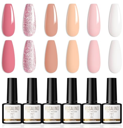 ROSALIND UV Nagellack 6 Farben Dunkelrosa Hellrosa Glitzer Nude Weiß Gellack Soak Off UV/LED Nail Polish Set Geeignet für Heimnagel DIY, Nagelstudio