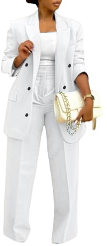 LROSEY 2 Piece Outfits for Women Dressy Double Breasted Blazer Jackets High Waisted Wide Leg Pants Suits Set Casual Business White