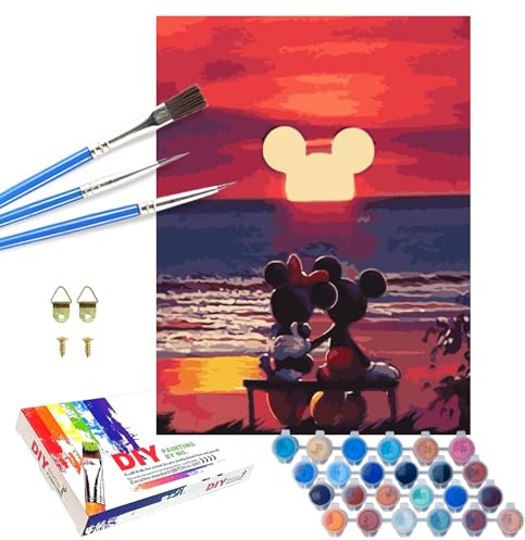 QDUODUO Pintura por números para niños y adultos, 40 x 50 cm, grande, dibujos animados, anime, Mickey Minie, ratón, juego de manualidades con lienzo, pinceles de lienzo, pigmento acrílico, kit de