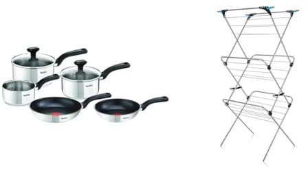 Tefal Comfort Max, Pan Set, 14cm Milkpan, 16cm and 18cm Saucepans with Lids, 20cm and 24cm Frying Pans, Induction Compatible, Stainless Steel, G972S544 & Minky 3 Tier Plus Clothes Airer