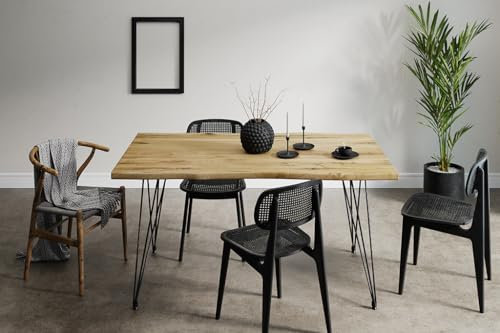 SEART Esszimmertisch LIVE Edge, massiver Esstisch aus Eichenholz, Baumkantentisch, Metallbeine Schwarz (80x160 cm, Öl braun)