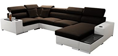 All4All Ecksofa mit Schlaffunktion Passe 335 cm x 205 cm - Wohnlandschaft U-Form - Schlafsofa mit Bettkasten - XXL Sofa - Groß - Gewebe mit Kunstleder -Braun/Weiß - Rechte Seite 26