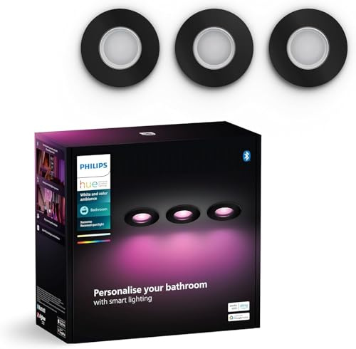 Philips Hue White & Color Ambiance Xamento recessed spotlights 3-Pack, dimmable Bathroom Lights for Hue Lighting System with 16 Million Colours, Intelligent Light Control via Voice and app, Black