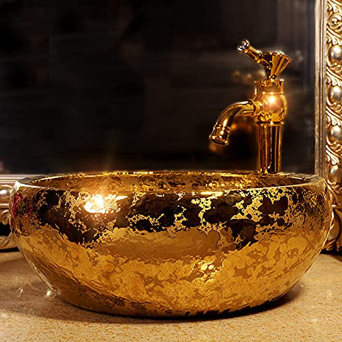 1 set completo di lussuoso lavabo in ceramica fatta a mano in oro con rubinetto e scarico dorati