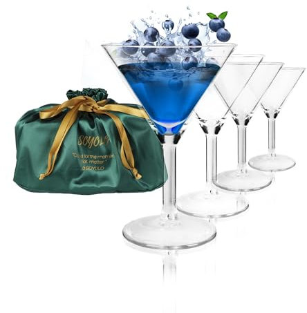 SOYOLO - Unbreakable Acrylic Plastic Martini Glasses (Set of 4, 10 oz) with Elegant Gift Bag, Shatterproof Reusable Cocktail Glasses Cups, BPA-Free Clear Outdoor Drinkware for Party, Poolside, Bar