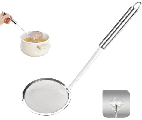 FINELYCR Ecumoire Inox, 10 cm en Acier Inoxydable Passoire Cuisine Fine, 100 Mailles Tamis Cuisine, Ecumoire Cuisine avec Crochet, pour Filtrer Farine, Mousse, Jus