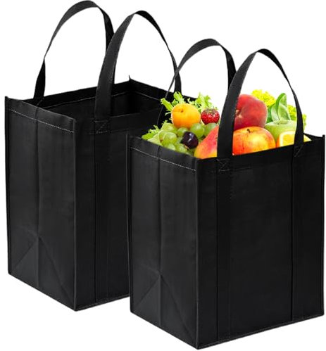 2 Stück Schwarze Einkaufstasche Faltbar, 37 X 31 X 24 cm Große Tragetasche, Mehrzweck Einkaufstasche mit Langem Henkel, Waschbar Wiederverwendbarer Einkaufskorb für Einkaufen Picknick Camping