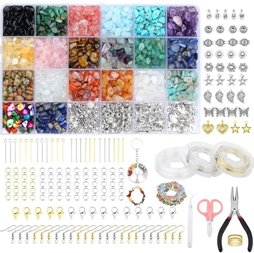 GUJOXILA Schmuck Selber Machen Set mit 20 Farben Edelsteine Perlen | Perlen Armbänder Selber Machen Set für Armband Ringe Ohrringe Schmuckherstellung