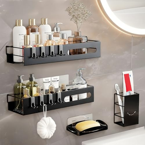 4 Stück Duschablage ohne Bohren,Rostfrei Duschkorb Selbstklebend mit Seifenschale Zahnbürstenhalter und 8 Haken,Badezimmer Regal Duschregal,Dusch Organizer Badregal für Badezimmer Küche (Schwarz)